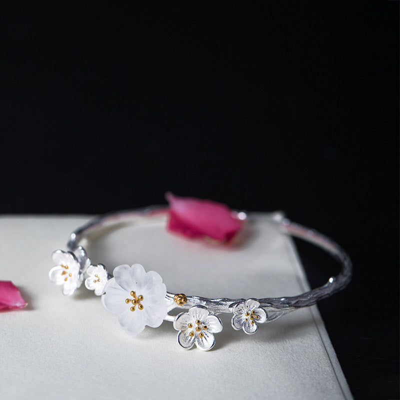 Buddha Stones 925 Sterling Silver Plum Flower Blessing Bracelet Adjustable Bangle - image 4