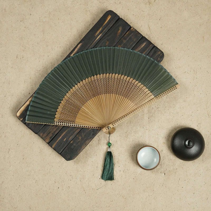 Buddha Stones Vintage Handheld Folding Fan With Bamboo Frames - Green - image 0