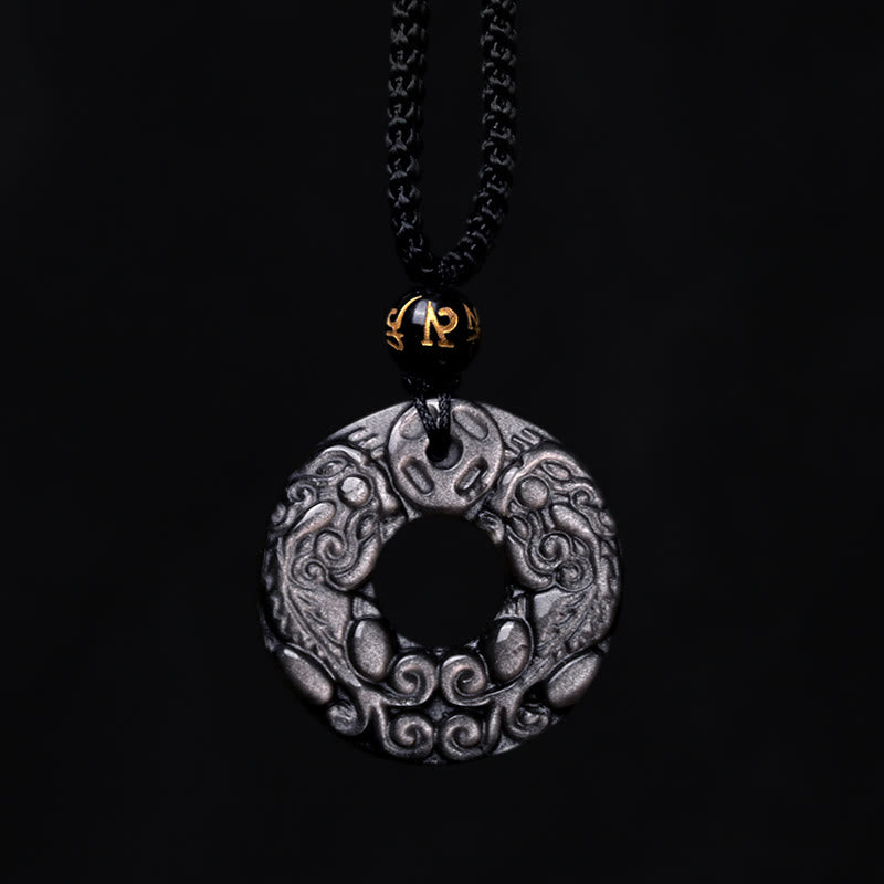 Buddha Stones Natural Silver Sheen Obsidian Double PiXiu Copper Coin Peace Buckle Protection Necklace Pendant - image 7