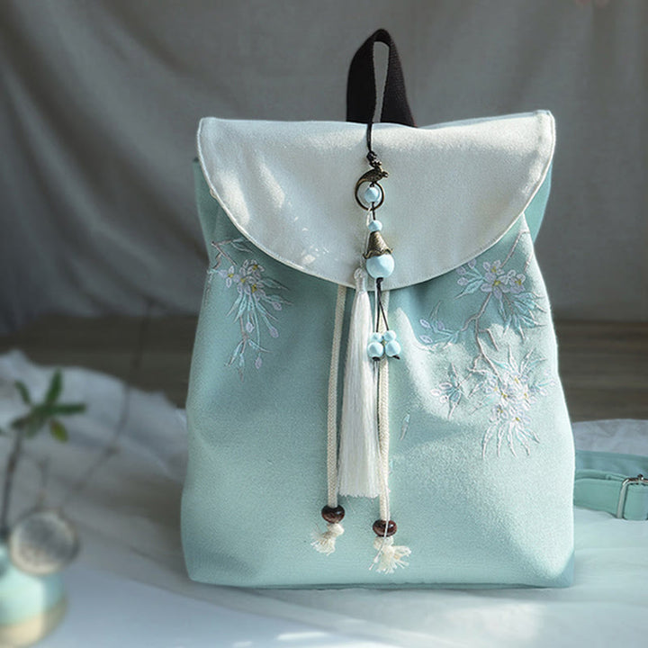 Buddha Stones Handmade Embroidered Large Capacity Canvas Backpack - Pear Blossom - image 0