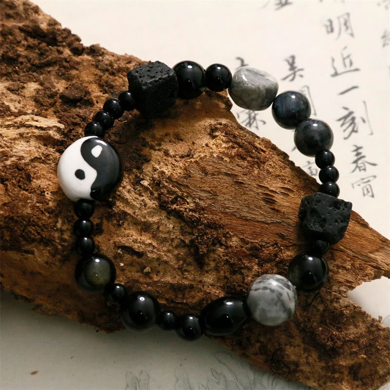 Buddha Stones Black Onyx Picasso Jasper Bead Yin Yang Fortune Protection Bracelet - image 7