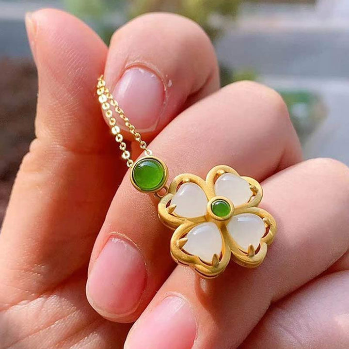 Buddha Stones 925 Sterling Silver Lucky Four Leaf Clover Jade Prosperity Necklace Chain Pendant - image 2
