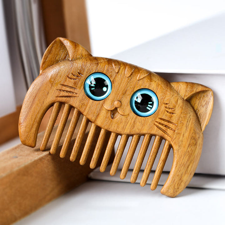 Buddha Stones Simple Cat Pattern Green Sandalwood Cure Portable Comb - image 1