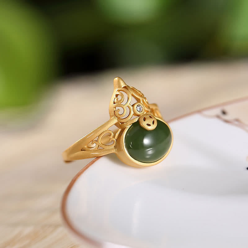 Buddha Stones Gourd Cyan Jade Copper Coin Success Luck Adjustable Ring - image 2