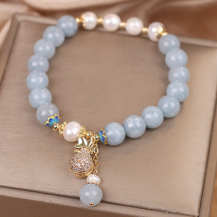 Buddha Stones Aquamarine Pearl Fortune Money Bag Charm Bracelet - image 5