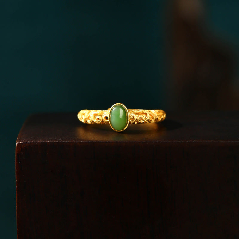 Buddha Stones Auspicious Cloud Pattern Cyan Jade Luck Adjustable Ring - image 1