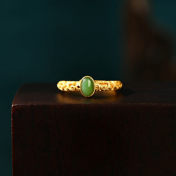 Buddha Stones Auspicious Cloud Pattern Cyan Jade Luck Adjustable Ring - image 1