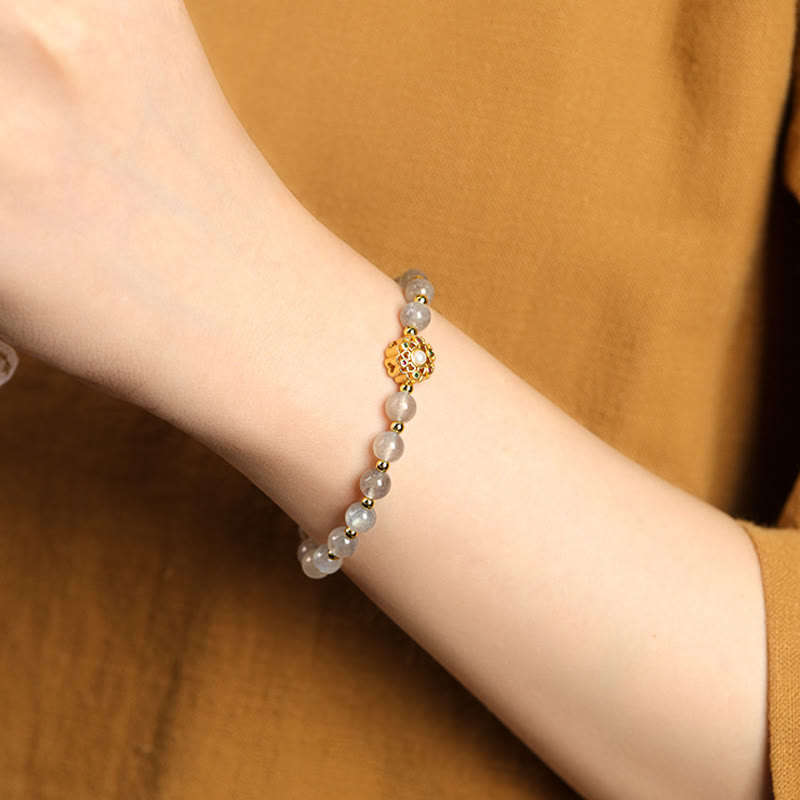 Buddha Stones 14K Gold Plated Natural Strawberry Quartz Labradorite Sun Stone Fu Character Positive Charm Bracelet - image 8