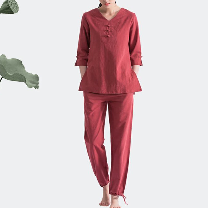 Buddha Stones Yoga Meditation Prayer V-neck Design Cotton Linen Clothing Uniform Zen Practice Women's Set - image 14