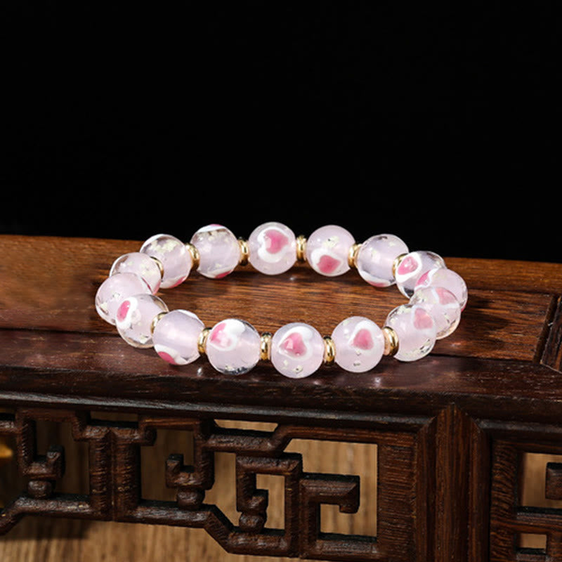 Buddha Stones Gold Swallowing Beast Family Pink Love Heart Luminous Fluorescent Liuli Glass Bead Bracelet - Pink - Simple Version - image 17