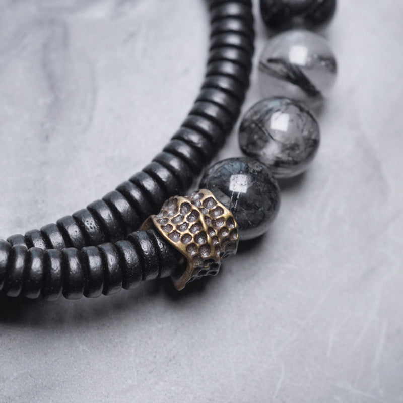 Buddha Stones Black Rutilated Quartz Ebony Wood Copper Wisdom Couple Bracelet - image 9
