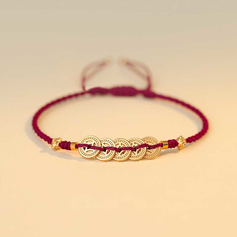 Buddha Stones Copper Coin Fortune Tree Luck Strength Braided Bracelet - Copper Coin - Red(Wrist Circumference 14-18cm) - image 0