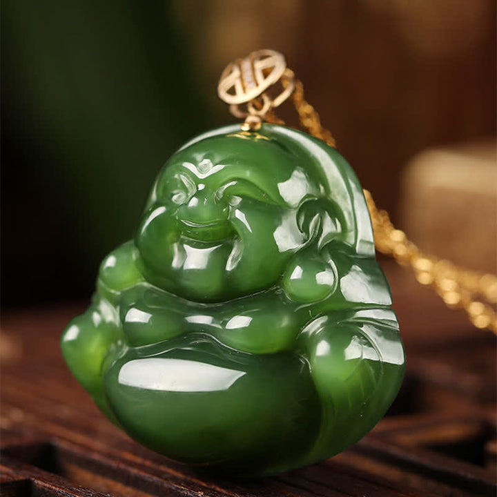 Buddha Stones 925 Sterling Silver Laughing Buddha Hetian Cyan Jade 18K Gold Success Necklace Chain Pendant - image 6