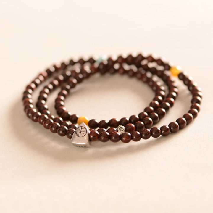 Buddha Stones 925 Sterling Silver Indian Small Leaf Red Sandalwood Fu Character Protection Triple Wrap Bracelet - image 2