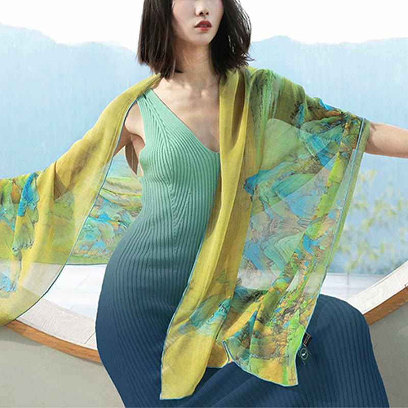 Buddha Stones A Panorama of Rivers and Mountains 100% Mulberry Silk Scarf Premium Grade 6A Silk Shawl - image 3