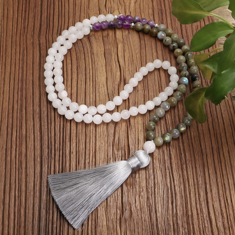 Buddha Stones 108 Mala Beads White Agate Amethyst Black Glitter Stone Protection Bracelet - Mala - image 5
