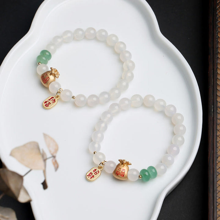 Buddha Stones Natural White Agate Red Agate Money Bag Fu Character Four Leaf Clover Protection Bracelet - image 2