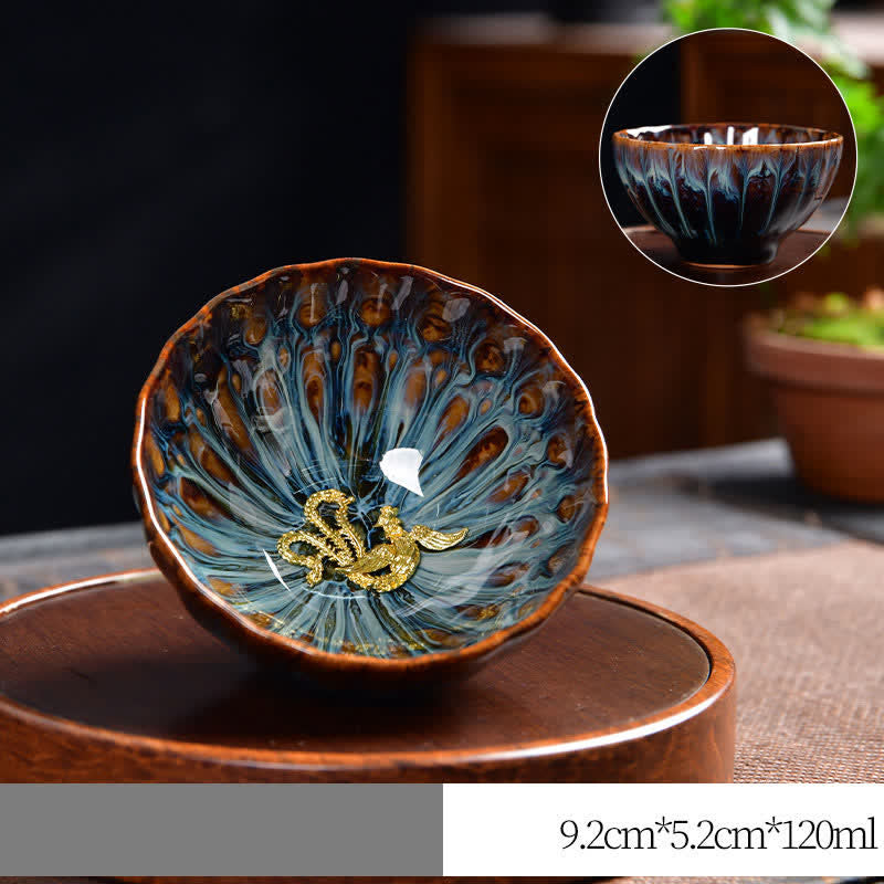 Buddha Stones Lotus Peacock Dragon Phoenix Koi Fish Ceramic Teacup Inlaid Tea Cups 120ml - Gold - Phoenix - image 14