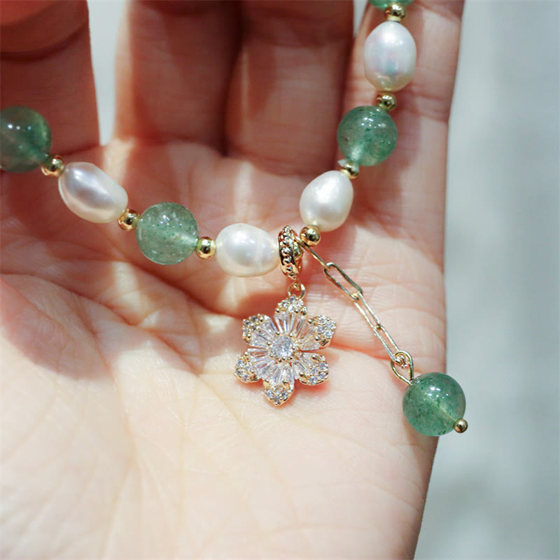 Buddha Stones Natural Green Strawberry Quartz Pearl Flower Charm Love Bracelet - image 8