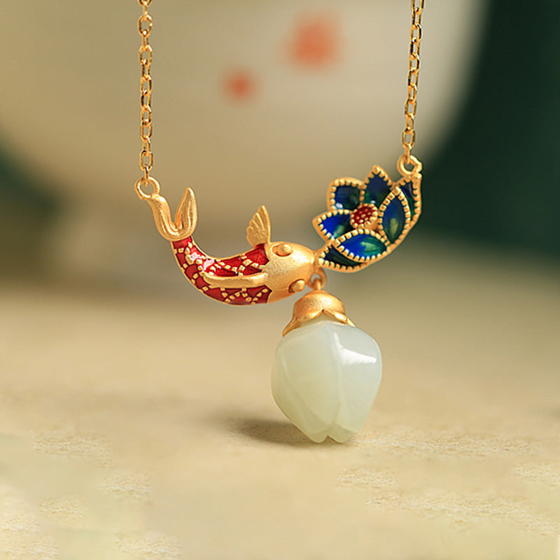 Buddha Stones 925 Sterling Silver White Jade Koi Fish Lotus Protection Necklace Pendant - image 1