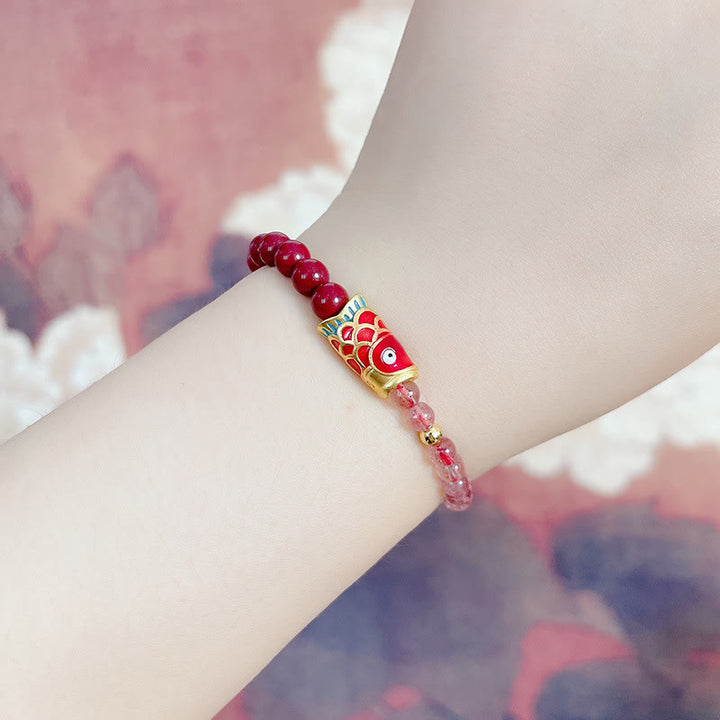 Buddha Stones Natural Strawberry Quartz Cinnabar Lucky Koi Fish Healing Bracelet - image 13