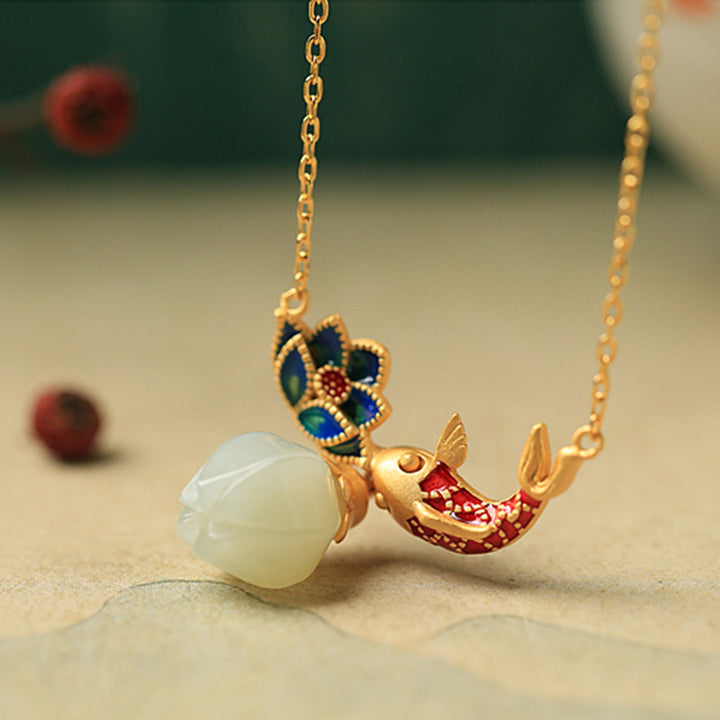 Buddha Stones 925 Sterling Silver White Jade Koi Fish Lotus Protection Necklace Pendant - image 2