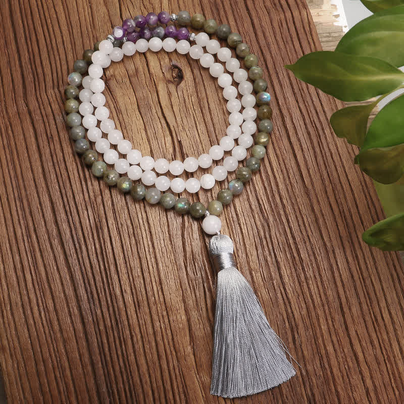 Buddha Stones 108 Mala Beads White Agate Amethyst Black Glitter Stone Protection Bracelet - image 6