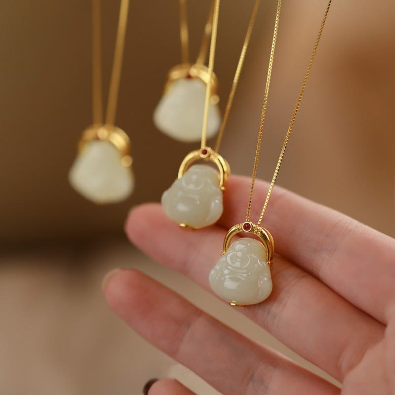 Buddha Stones 925 Sterling Silver Natural Hetian Jade Laughing Buddha Abundance Chain Necklace Pendant - Hetian Jade(Prosperity♥Abundance) - image 0