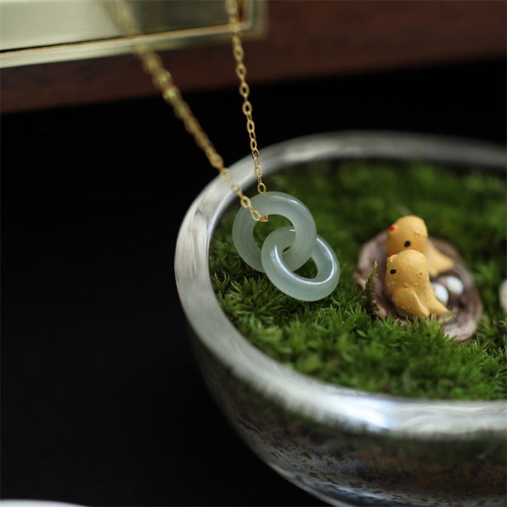 Buddha Stones 925 Sterling Silver Natural Double Peace Buckle Hetain Jade Luck Necklace Pendant - image 5