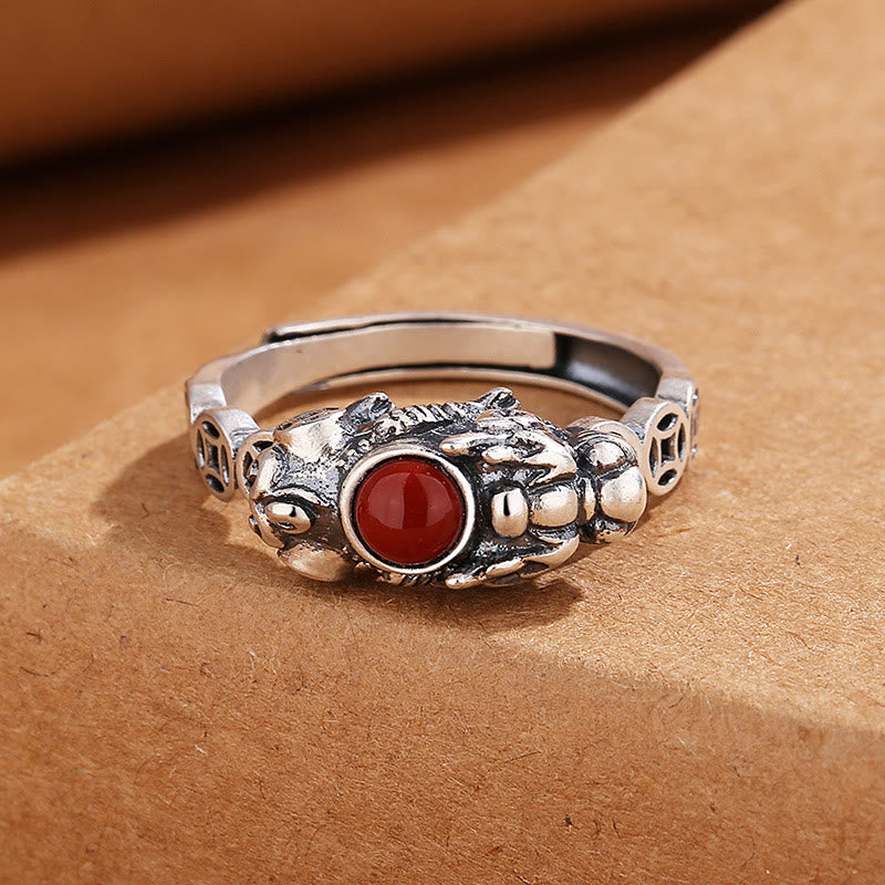 Buddha Stones PiXiu Copper Coin Red Agate Wealth Luck Ring - image 1