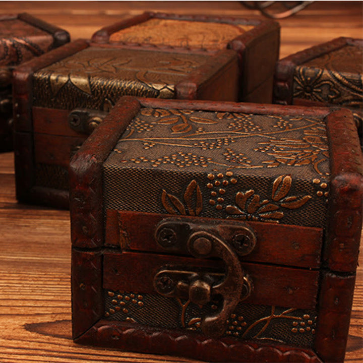 Buddha Stones Retro Small Square Wood Jewelry Box Lotus Grass Flower Grape Copper Coin Daffodil Jewelry Storage Box - image 14