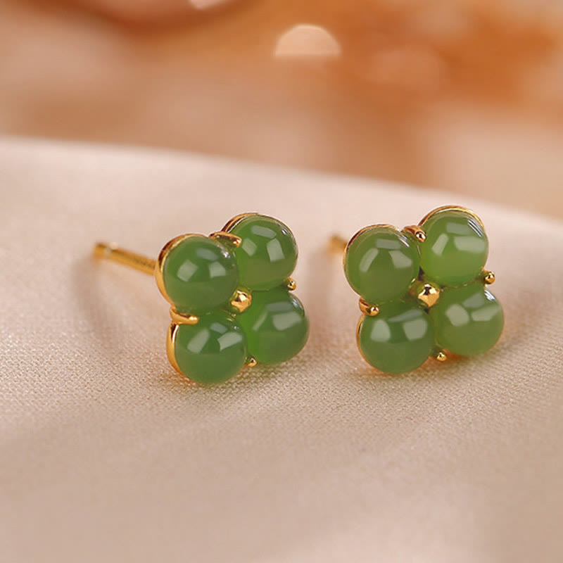 Buddha Stones 925 Sterling Silver Plated Gold Natural Cyan Jade Four Leaf Clover Luck Stud Earrings - image 5