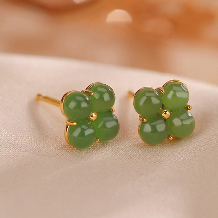 Buddha Stones 925 Sterling Silver Plated Gold Natural Cyan Jade Four Leaf Clover Luck Stud Earrings - image 5