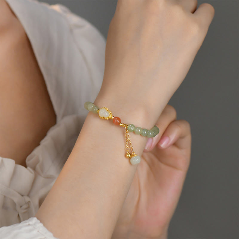 Buddha Stones 925 Sterling Silver Hetian Jade Gourd Lotus Abundance Luck Bracelet - image 5