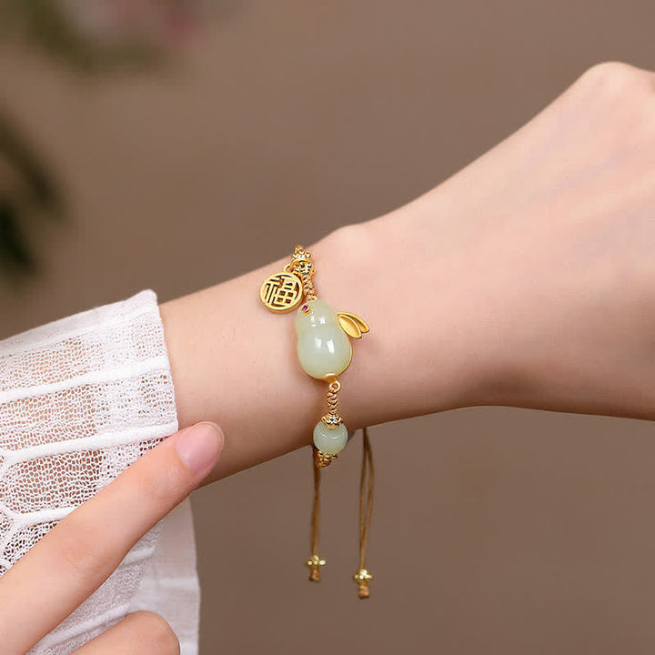 Buddha Stones Year of the Rabbit Hetian Jade Happiness Blessing Wealth String Bracelet - image 3