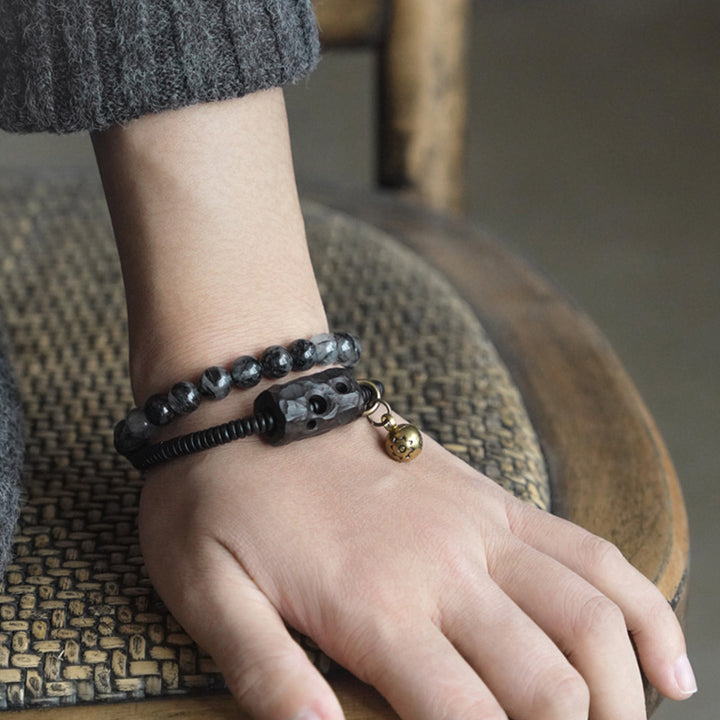 Buddha Stones Black Rutilated Quartz Ebony Wood Copper Wisdom Couple Bracelet - image 2