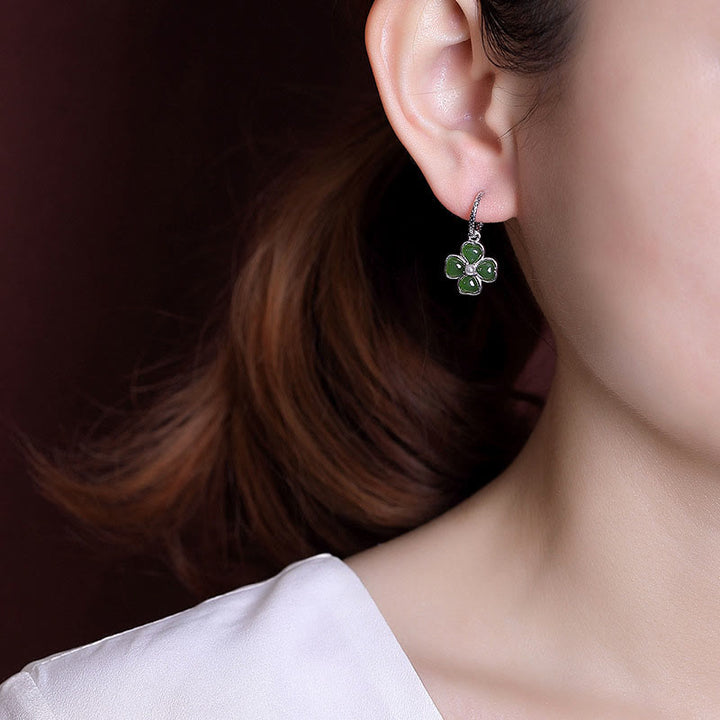 Buddha Stones 925 Sterling Silver Natural Cyan Jade Four Leaf Clover Luck Success Earrings - image 6