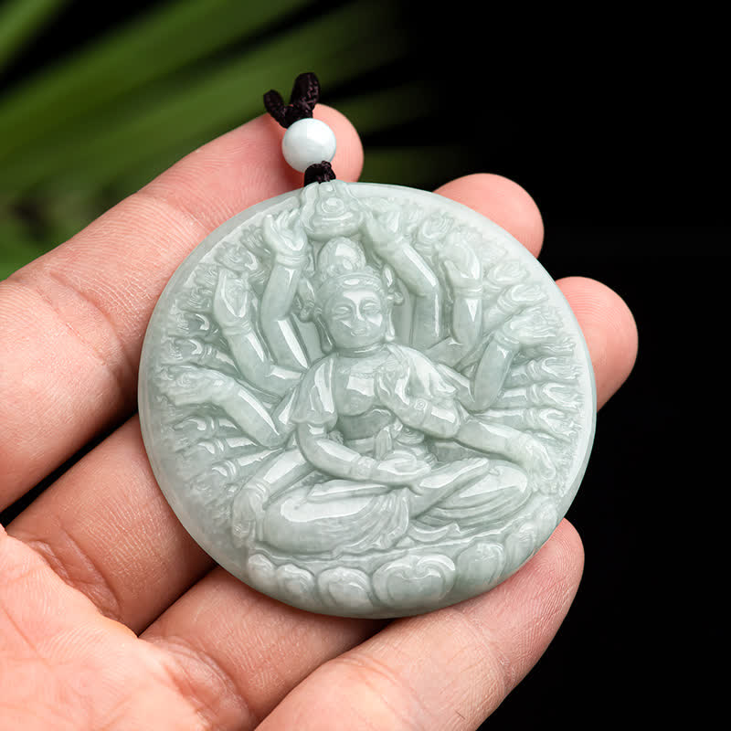Buddha Stones Thousand-Hand Kwan Yin Avalokitesvara Jade Blessing String Necklace Pendant - image 3