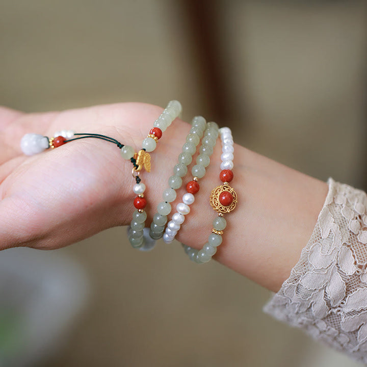 Buddha Stones 925 Sterling Silver Plated Gold Natural Hetian Jade Pearl Butterfly Gourd Luck Bracelet - image 2