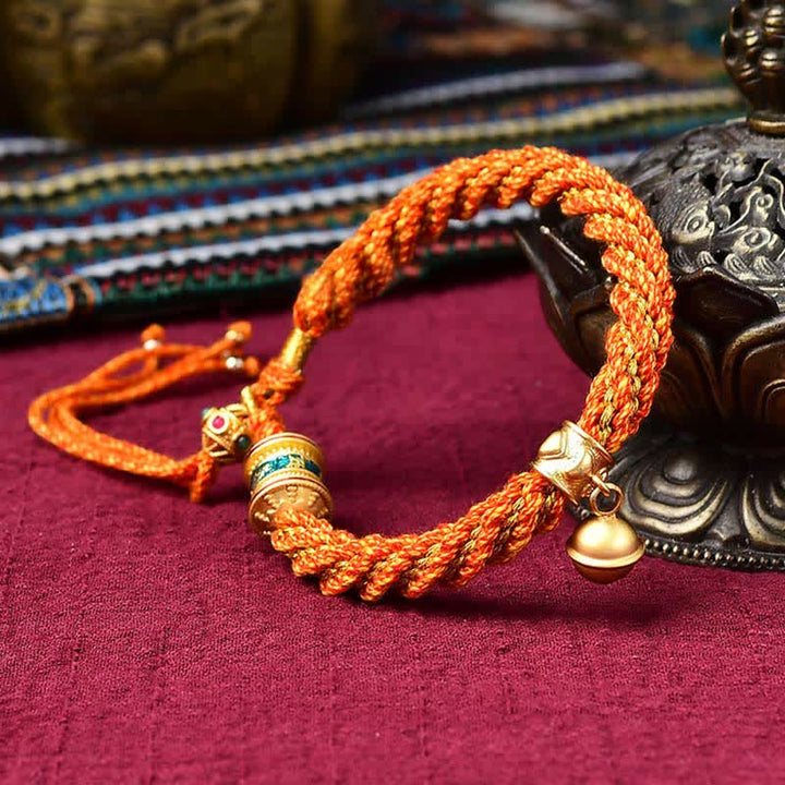 Buddha Stones Tibetan Handmade Luck Protection Thangka Prayer Wheel Bell Charm Braid String Bracelet - Orange(Wrist Circumference 14-19cm) - image 16