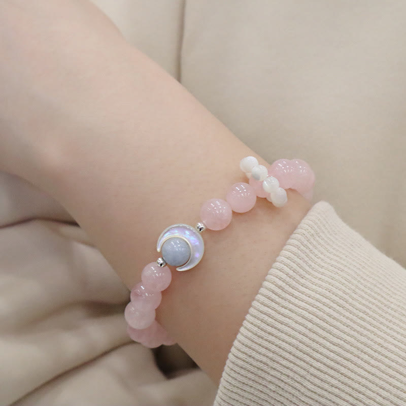 Buddha Stones 925 Sterling Silver Natural Amethyst Aquamarine Pink Crystal Cat's Eye Healing Crescent Moon Bracelet - Pink Crystal(Soothing♥Warmth)(Wrist Circumference 14-16cm) - image 12