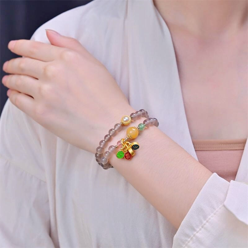 Buddha Stones Natural Gray Agate Peace And Joy Charm Balance Double Wrap Bracelet - image 6