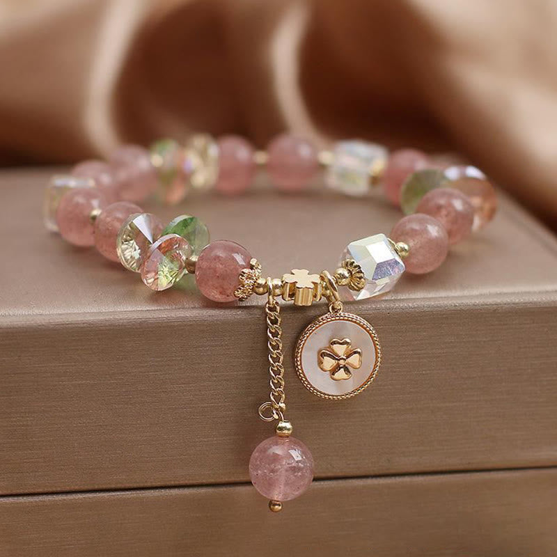 Buddha Stones Strawberry Quartz Lucky Four Leaf Clover Healing Charm Bracelet - Strawberry Quartz(Love♥Healing)(Wrist Circumference 15-17cm) - image 0
