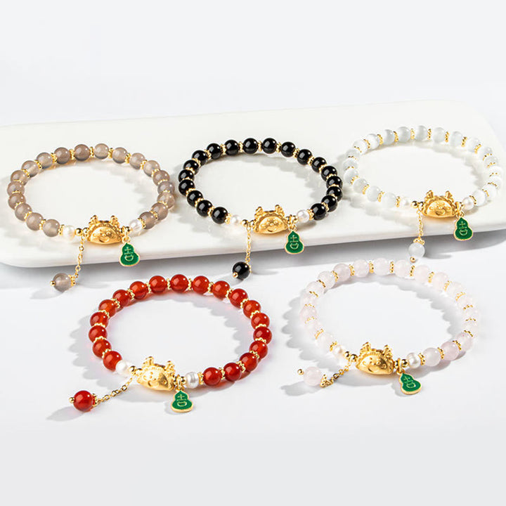 Buddha Stones Year Of The Dragon Natural Red Agate Pink Crystal Black Onyx Dumpling Luck Fu Character Bracelet - image 15