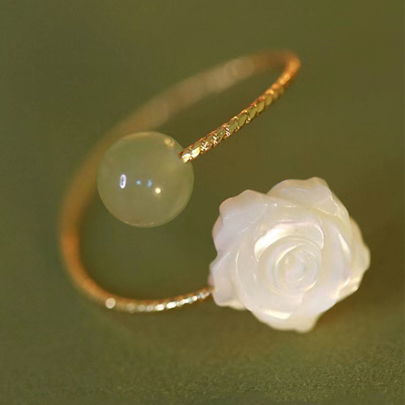Buddha Stones 14K Gold Plated Tridacna Stone Rose Flower Jade Bead Blessing Ring - Tridacna Stone&Jade - image 0