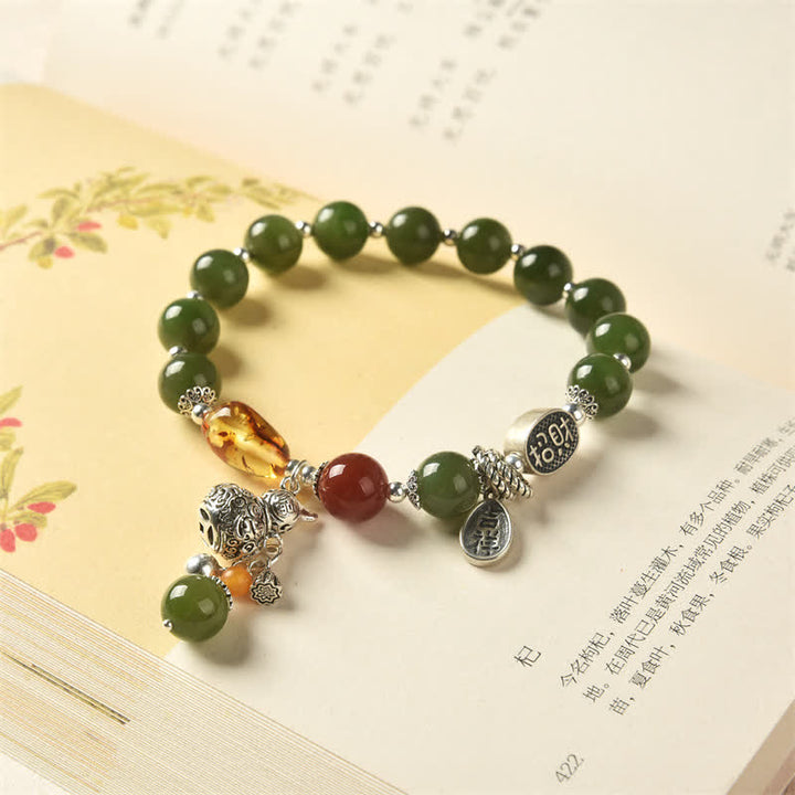 Buddha Stones 925 Sterling Silver Hetian Cyan Jade Gourd Amber Success Bracelet - image 3