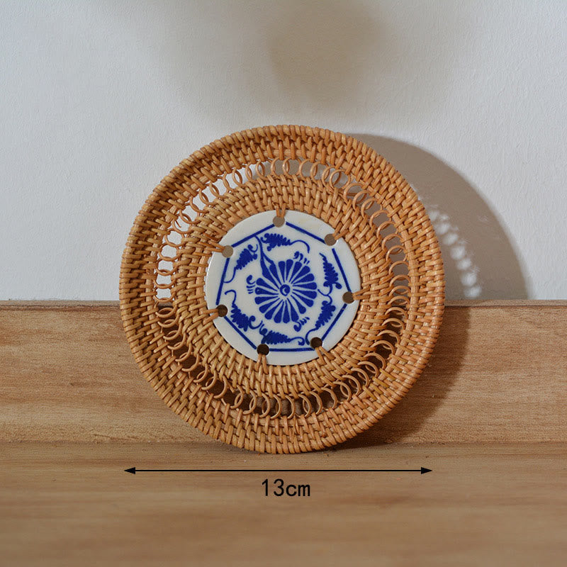 Ceramic Flower Pattern Rattan Cup Mat Tea Cup Coaster - 13 cm Ceramic Coaster - image 14