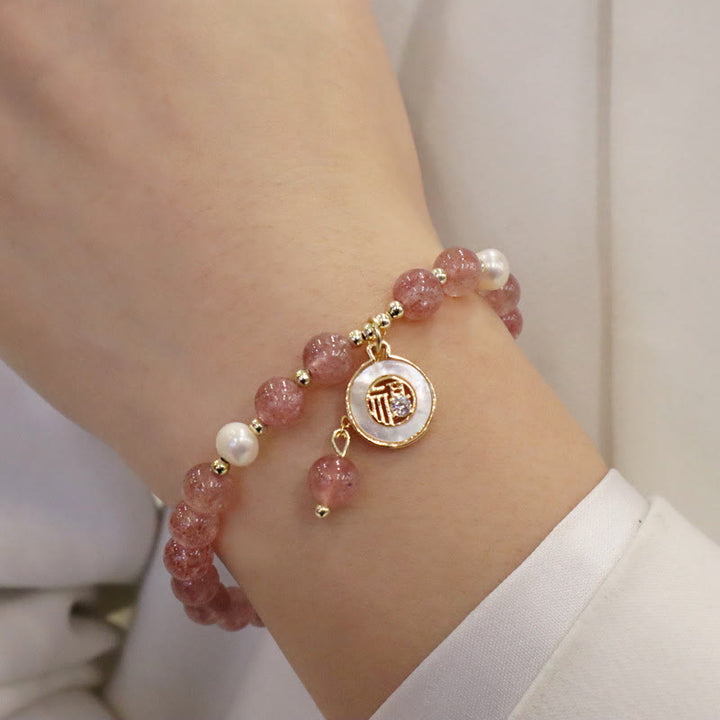 Buddha Stones Strawberry Quartz Pearl Elk Smiley Face Fishtail Fu Character Charm Healing Bracelet - Strawberry Quartz&Fu Character(Wrist Circumference 14-19cm) - image 9