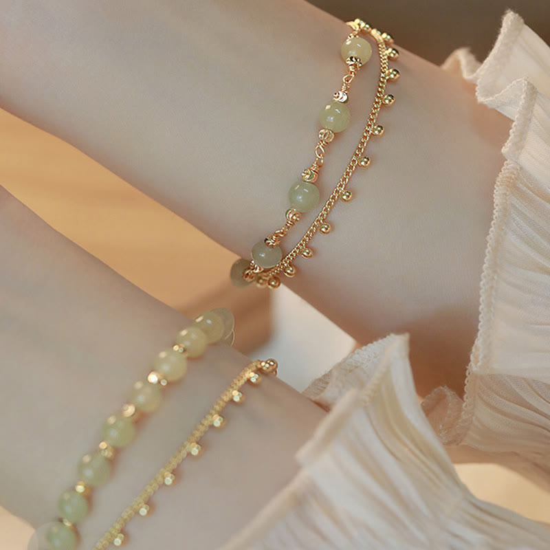 Buddha Stones 14K Gold Plated 2 Layers Hetian Jade Bead Luck Prosperity Bracelet - 2 Layers Hetian Jade Chain Bracelet&Hetian Jade Bead Chain Bracelet - image 9