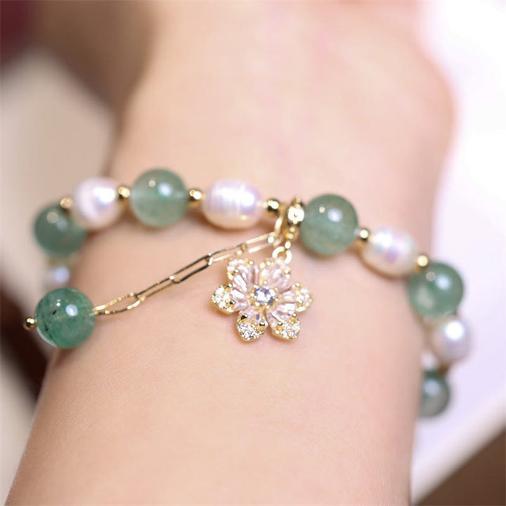 Buddha Stones Natural Green Strawberry Quartz Pearl Flower Charm Love Bracelet - image 5